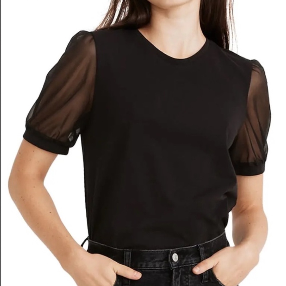 Madewell Sheer-Sleeve Knit Top, Black, Size XS